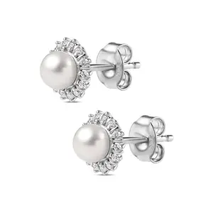 Ornate Jewels Pure Sterling Silver CZ Diamond Freshwater Pearl Stud Earrings for Womens|With Certificate of Authenticity & 925 Stamp|1 Year Warranty