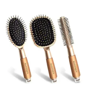 Majestique Detangling Paddle, Oval & Round Hair Brush Set for Blow Drying & Smooth Styling – Soft Nylon Bristles for All Hair Types (Men & Women) –3-Piece/Gold