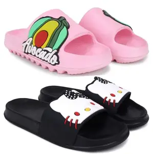 Pampy Angel Combo Pack of 2 Slipper/Flip Flops/Slides for Women,(T-Acado-Pink,Kitty-Black),38 (Euro)