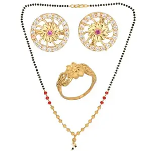AanyaCentric Gold Plating Jewelry Combo: Elegant 18inches Mangalsutra, Ring, and American Diamond Earrings Set - Stylish Accessories for Women and Girls