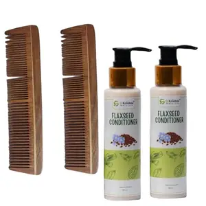 G Krishna Naturals Hair Brushes Wooden Neem Comb & Flaxseed Conditioner for Women & Men | Durable Long Lasting Wood Kangi and Hair Conditioner for Natural Hair Growth (Pack of 2 Each)(GKNFPC2-10)