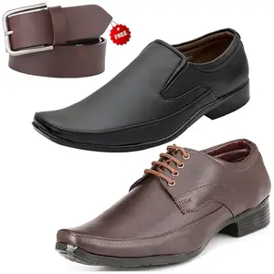 Trendy Formal Shoes/Party Shoes/ 2 Shoes Combo with Free Belt for Men and Boys (BAZAAR9101_VTR005-Bdr-Brwn-2003-Bdr) Multicolor
