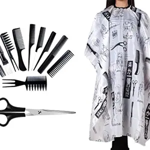 Uniqon Combo Of Professional Hair Styling Combs And Scissors Set With Printed Unisex Nylon Hair Cutting Sheet Hairdressing Gown Cape Barber Cloth Makeup Apron