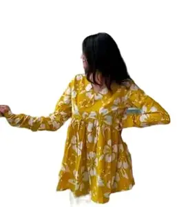 Women's Floral Printed V-Neck, Full Sleeves, Rayon,Flared Waist Yellow Short Casual Kurti