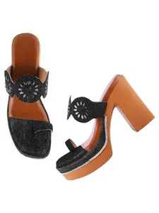 TRYME Alluring Block Heel Sandal Embellished Stones & Denim Platform Party Heels For Womens & Girls