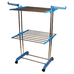 NR Industries Floor Cloth Drying Stand Rust-Free Stainless Steel Layers Foldable Clothes Dryer Rack/Folding Laundry Dry Stands for Home and Balcony (2 Layer, Blue)