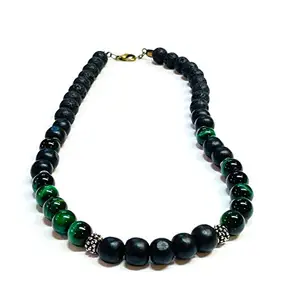 Zoya Gems & Jewellery 8MM Green TIger Eye Wood and Lava Rock Men's Necklace