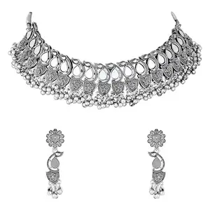 I Jewels Navratri Silver Oxidised Afghani Ghungroo Drop Choker Necklace Jewellery Set With Earrings For Women (White)