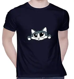CreativiT Graphic Printed T-Shirt for Unisex Cute Peeking Cat Tshirt | Casual Half Sleeve Round Neck T-Shirt | 100% Cotton | D00035-59_Navy Blue_Small