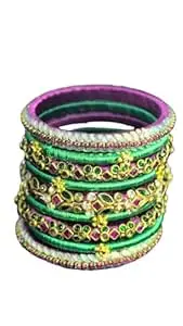 Silk Thread Bangles Set for Women – 9 Pieces | Handmade Kundan Stone Studded Bangles | Wedding, Festive & Gifting Wear | Multicolor Purple & Green | Size 2.6 | Pack of 2