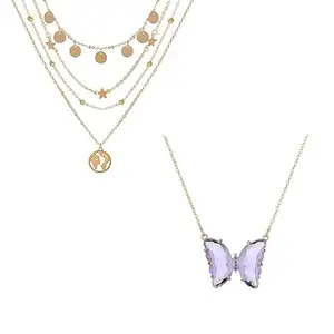 Trending Pack of 2 Multi Layered Star and World and Crystal Butterfly Necklace Pendent For Women and Girls