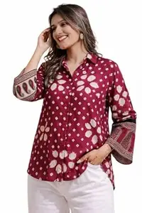 Women's Printed Shirt, Long Sleeve, Embroidered Cuffs, Collared Neck, Casual Ethnic Wear (in, Alpha, M, Regular, Red-Ajrakh)