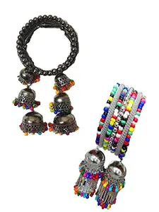 Vembley Combo of 2 Classic Silver Bangle Bracelet with Hanging multicolor Beads Jhumki for Women and Girls
