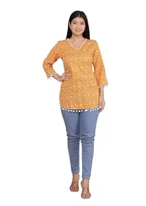THE GLOBAL GALLERY Leaf Printed Straight 3/4th Sleeves Kurti Perfect for Casual, Formal, and Ethnic Wear (Yellow-XXL)