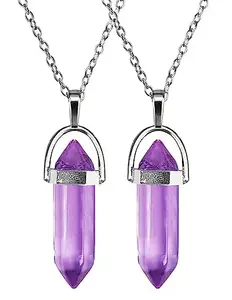 (Pack Of 2 Pcs) Purple Glass Healing Crystal Hexagonal Point Prism Pencil Shape Locket Pendant Necklace With Clavicle Chain For Girl's & Women
