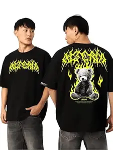 WÖLFIN Men & Boys Oversized Graphic T-Shirt Black | Teddy Bear Flame Back Design | Trendy Streetwear Cotton Round Neck Casual Tee
