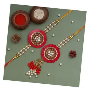 eCraftIndia Red & White Pearls, Designer Bhaiya Bhabhi Rakhi Set with Roli Chawal Pack for Brother, Bhaiya, Bhai - Lumba Rakhi for Bhabhi, Sister
