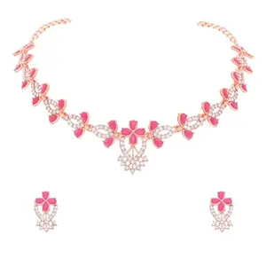 Perfect for special occasions, our Rosegold Polished AD Studded Choker Jewelry Necklace set comes with matching earrings.(AB_Ganga-RG-Pink)