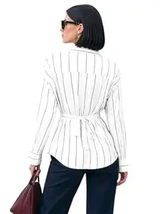 MULVARI Solid Button Up Drop Shoulder Striped Print Back Drawstring Casual Long Sleeve Shirt for Women's & Girl's