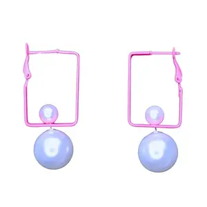 Pink Geometric Hoop Dangle Earrings with White Pearl Detail – Fashion Jewelry for Women