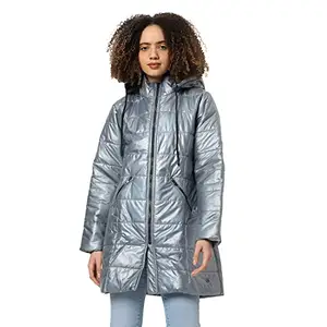 Campus Sutra Women's Grey Vinyl Puffer Regular Fit Bomber Jacket For Winter Wear | Standing Collar | Full Sleeve | Zipper | Casual Jacket For Woman & Girl | Western Stylish Jacket For Women