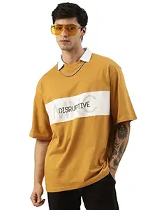 Maniac Mens Printed Polo Neck Half Sleeve Mustard Yellow Cotton Oversized Fit (Drop Shoulder) T-Shirt