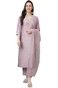 Fashleeva Women Lavender Silk Blend Kurti with Pant & Matching Dupatta with Embroidered Print Outfit for Minimal Stylish Casual