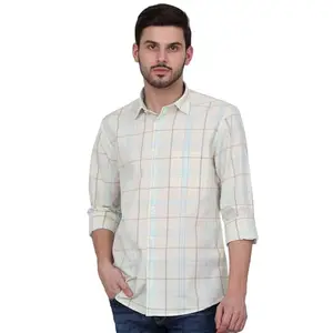 Cantabil Cream Checkered Shirt Collar Full Sleeve Regular Fit Casual Shirt for Men | Cotton Casual Shirt for Men | Casual Wear Shirts for Men (MSHC00914_Cream_42)
