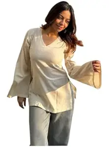 ANNI Designer Short Kurti for Women Latest Solid Design | V Neck Full Sleeve Kurti Tops for Women | Stylish Kurtis & Short Kurtis for Woman | Casual Kurti with Jeans | Kurtas for Woman