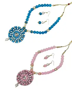ARB TRENDZ Womens Metal Earring & Necklace Set | Pink::Blue, Medium | ARB 33