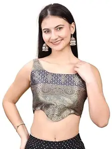 Womanista Navy Blue Color Banarsi Jacquard Corset Shape Saree Blouse for Women with Tie up Dori at Back