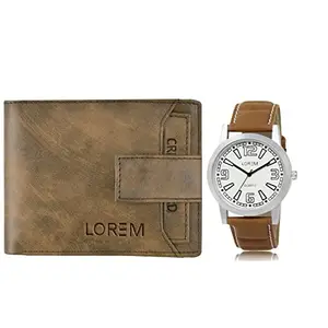 LOREM Combo of Brown Wrist Watch & Brown Color Artificial Leather Wallet (Fz-Wl23-Lr15)