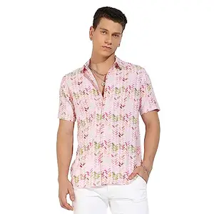 Campus Sutra Men's Pink Leaf Strokes Shirt for Casual Wear | Spread Collar | Short Sleeve | Button Closure | Heavy Rayon Shirts Crafted with Comfort Fit for Everyday Wear