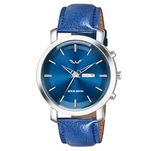 LOUIS DEVIN Black/Blue/Brown/Green Leather Strap Analog Wrist Watch for Men with Day and Date Display (Black/Blue/Brown/Silver/Green Dial) | LD-WT410