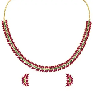 Peora Gold Plated Rani Pink Cubic Zirconia Studded Necklace with Studs Earring Fashion Jewellery Set for Women & Girls
