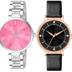 Maa Creation Best Quality Ethnic Embossed Designer Shine Round Dial with Slim Fit Leather &Stainless Steel Belt Women Analog Watches for Girls(SR-755) AT-755