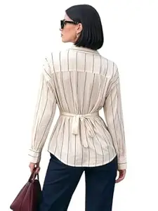 MULVARI Solid Button Up Drop Shoulder Striped Print Back Drawstring Casual Long Sleeve Shirt for Women's & Girl's