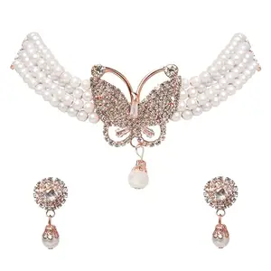 SPN Butterfly Women's Rose Gold Plated American Diamond Necklace Jewellery Set with Earrings