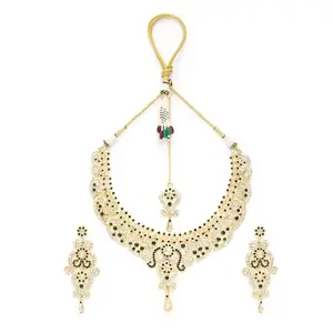 M.D KARAT ART trendy gold plated pink & white A1 TIWAN stone necklace jewellery set with earring & mangtika jewellery set for women (SET 0212N)