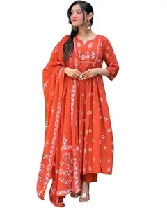 ROUVTE Women's Contton Floral Embroidered Round Neck Regular Kurti Pant Dupatta Set