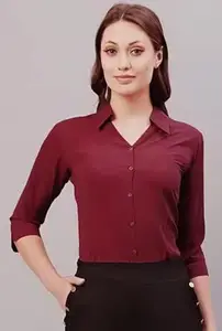 Women Formal Cotton Blend Poplin Shirt | Slim Fit Solid Plain 3/4 Sleeve