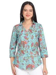 SHAYE Blue V-Neck Paisley Print Three-Quarter Sleeves Casual Shirts for Women