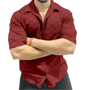 Men's Textured Short Sleeve Button Down Shirt, Light Blue, Geometric Pattern (in, Alpha, M, Regular, Maroon)