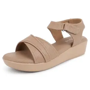 TRASE Stylish Wedges Heels Sandals For Women, Comfortable Heel, Ankle Straps Wedges (43174, Beige, 5 UK)