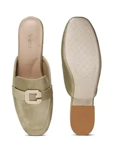 SHERRIF Women's Stylish Back Open Mules | Slip-On Casual & Office Wear Shoes | Soft Cushioned Sole with Metal Chain Detail | Comfortable Low Heel Slides for Girls & Women (SF-4659-BEIGE-39)