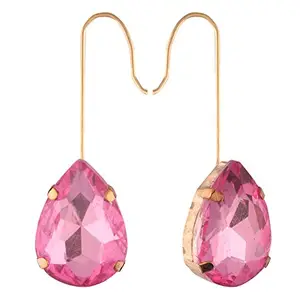 Accessher Contemporary Jewellery Style Gold Plated Tear Drop Design Dangle Earrings Embellished with Pink Colour Stone for Women and Girls Pack of 1 Pair