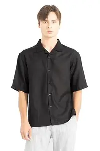 SNITCH Roomy Black Cuban Collar Solid Relaxed Fit Shirt