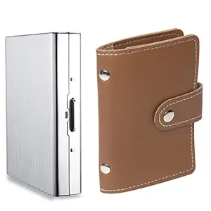 Stealodeal 8 Slot Silver Metal with PVC Brown PU Leather RFID Blocking (Unisex) Card Holder (Combo of 2)