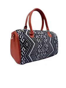 HOUSE OF DISANA Every Style Crafted Carriers Unique Handmade Bags Handcrafted Bags Rexine & Jacquard Duffle Handbag for Women & Girls (White & Black)