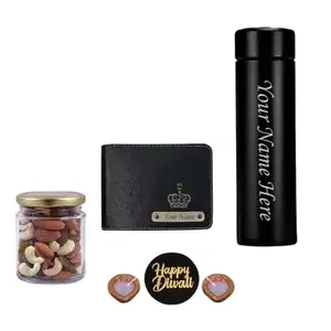 SAVRI Personalized Diwali Gift Set – Men’s Wallet with King Charm & Custom Bottle with Name | Premium Customized Corporate Gifts for Employees, Business Partners, Husband, Father & Brothers (Black)